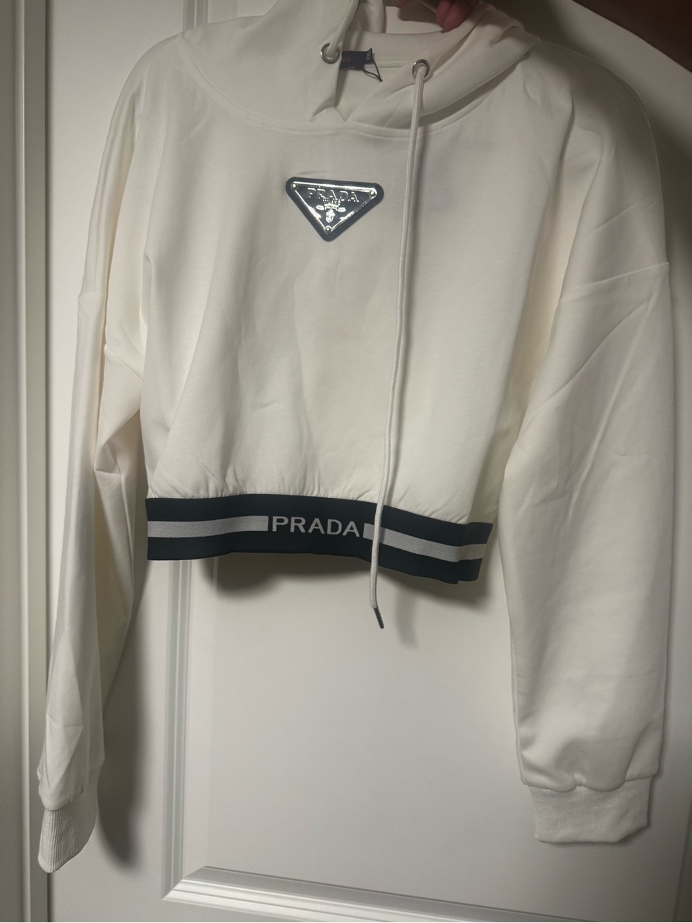 Prada Cream Cropped Hoodie with Black Trim and Matching Bottoms